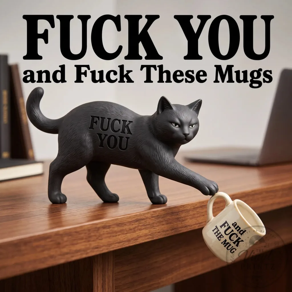 Sassy Black Cat Knocking Over Mug Desk Edge Figurine Sassy Black Cat Knocking Over Mug Desk Edge Figurine