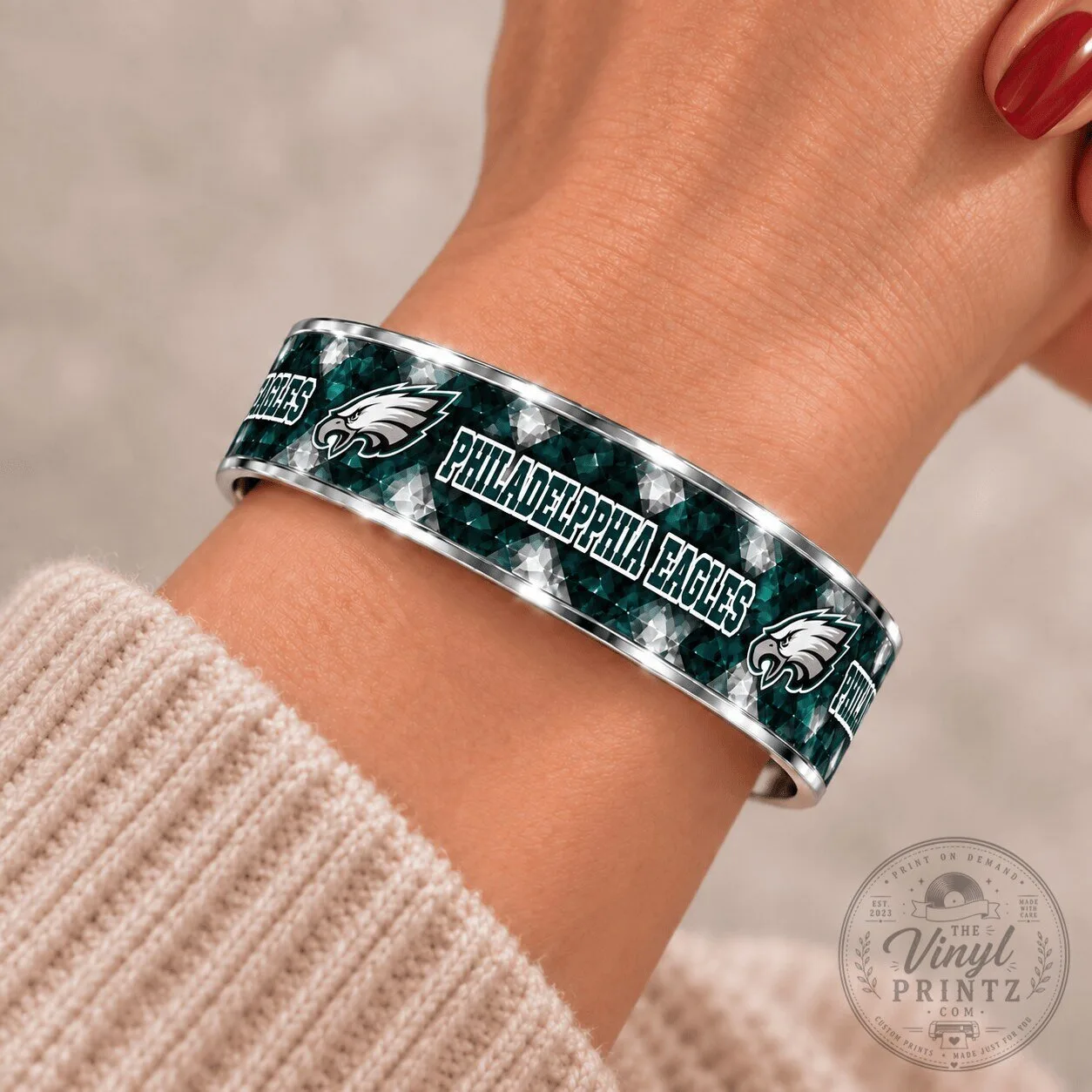 Philadelphia Eagles Fan Diamond Pattern Silver Tone Cuff Bracelet