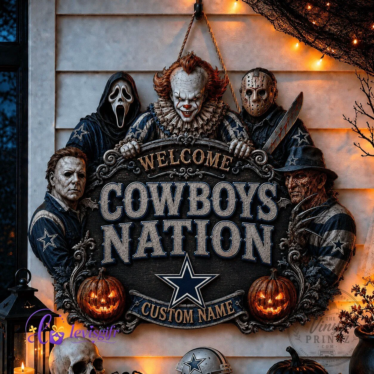 Dallas Cowboys Football Halloween Welcome Sign with Horror Characters