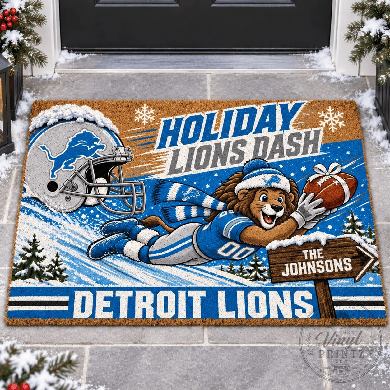 Detroit Lions Fan Holiday Lions Dash Custom Name Doormat 1 Detroit Lions Fan Holiday Lions Dash Custom Name Doormat
