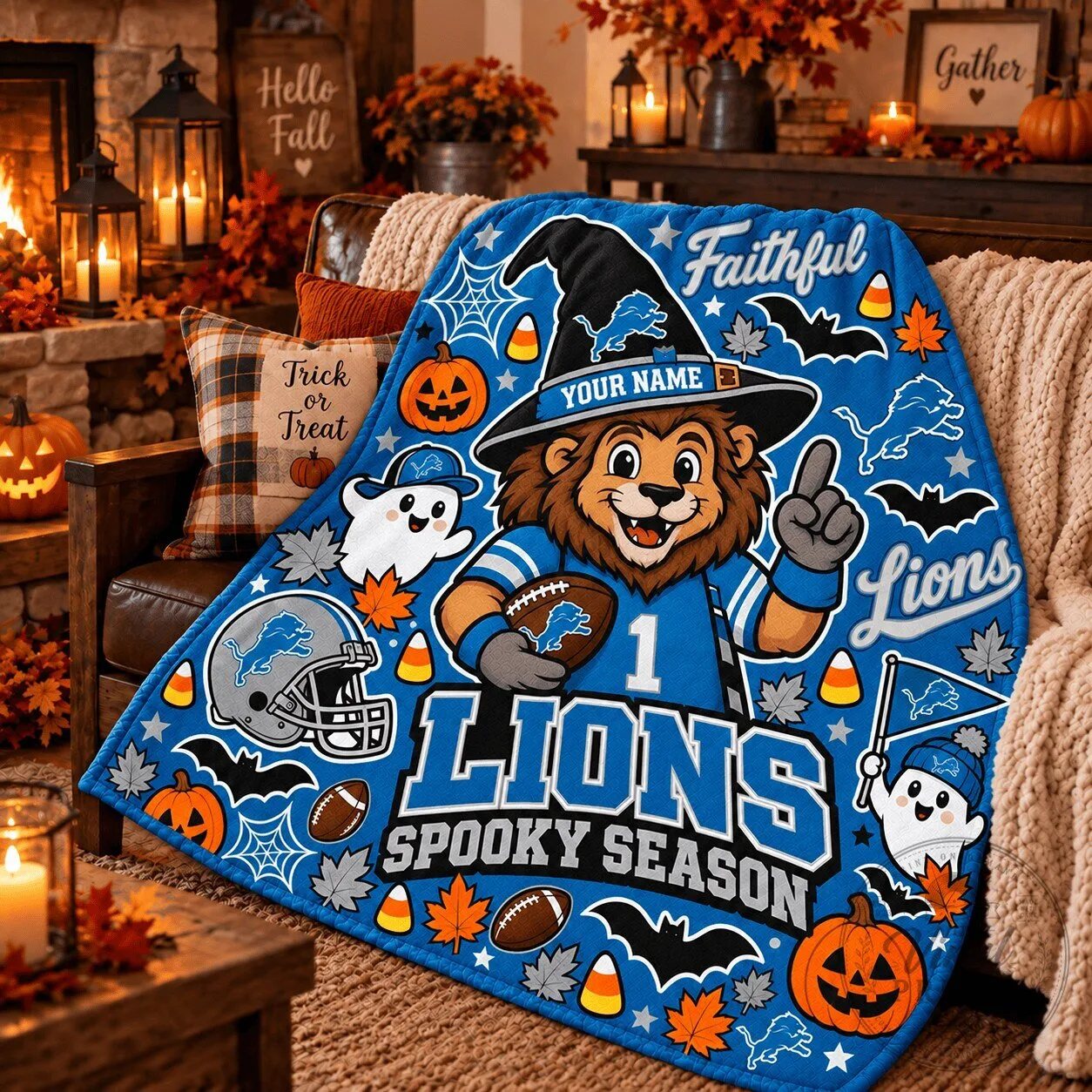 Detroit Lions Fan Halloween Spooky Season Fleece Blanket