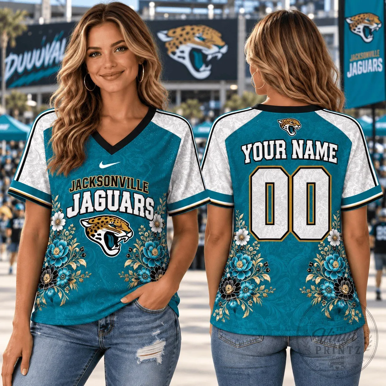 Jacksonville Jaguars Personalized V-Neck T-Shirt for Women 1D Fan Apparel
