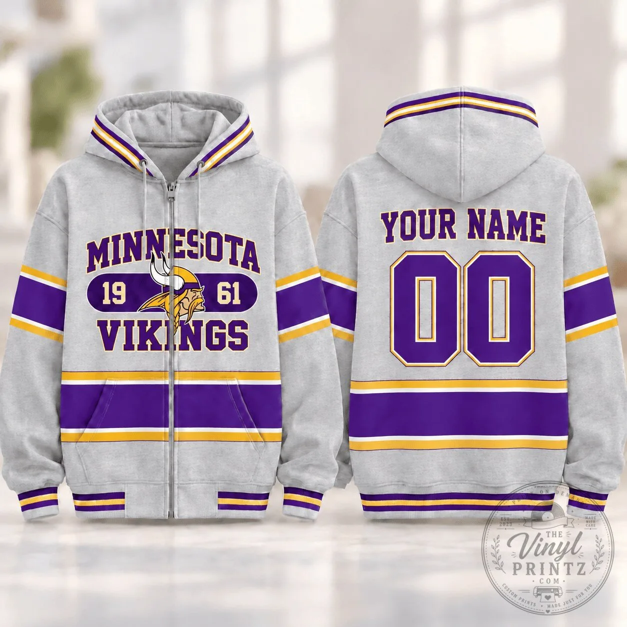 Minnesota Vikings Personalized Varsity Stripe Full-Zip Hoodie