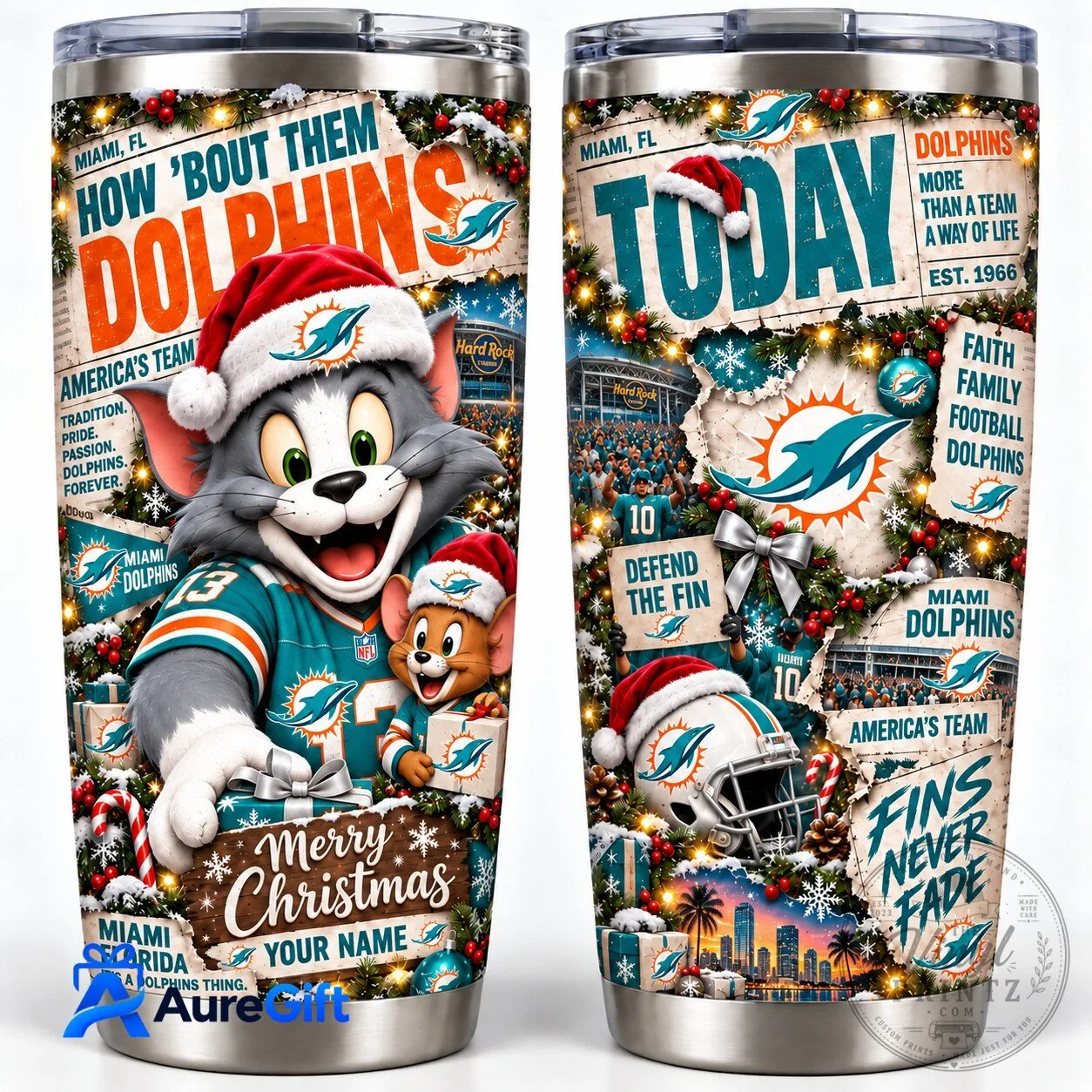 Miami Dolphins Christmas Tom and Jerry Personalized Stainless Steel Tumbler