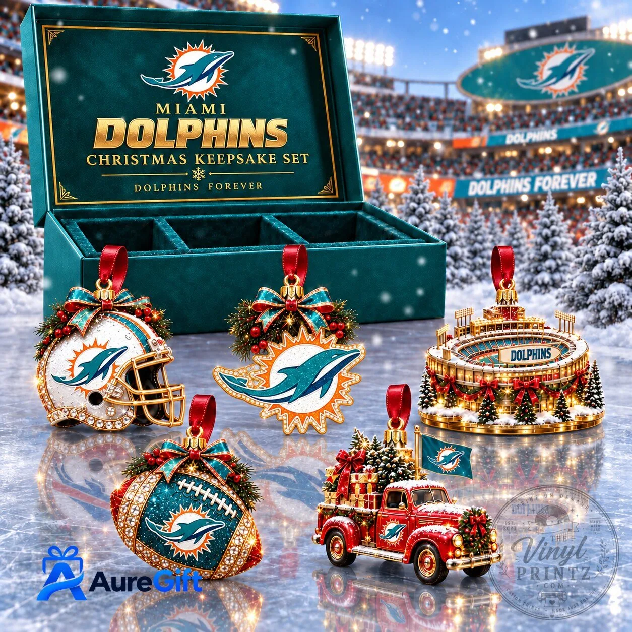 Miami Dolphins NFL Christmas Keepsake Set 5 Acrylic Ornaments