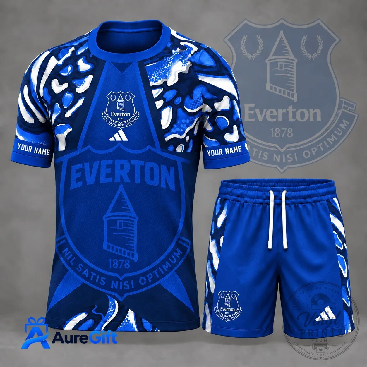 Everton Football Club Personalized Blue White Pattern Soccer Jersey and Shorts Set
