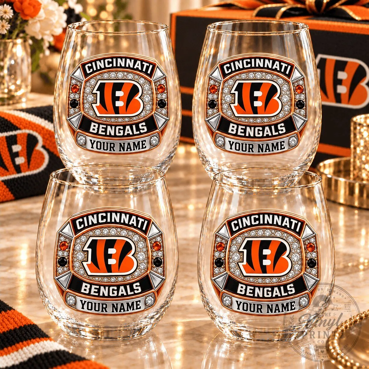 Cincinnati Bengals Personalized Stemless Wine Glass Set of Four