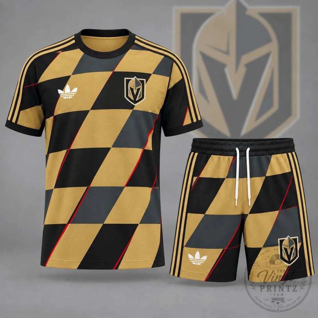 Vegas Golden Knights Gold Black Geometric Pattern Adidas Style T-Shirt and Shorts Set Vegas Golden Knights Gold Black Geometric Pattern Adidas Style T-Shirt and Shorts Set