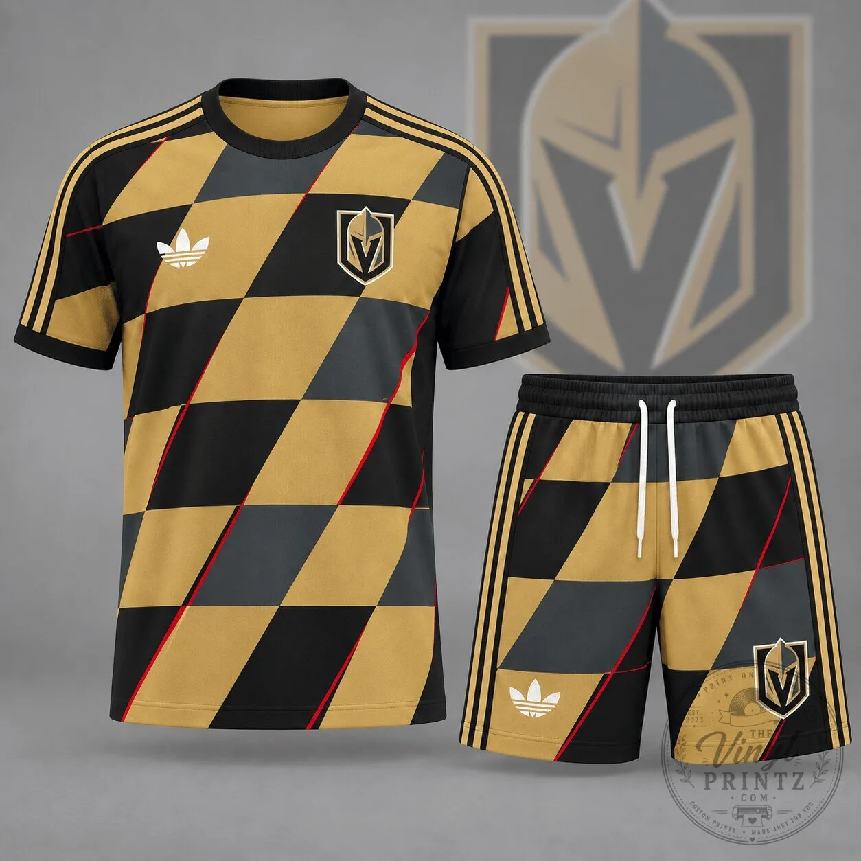 Vegas Golden Knights Gold Black Geometric Pattern Adidas Style T-Shirt and Shorts Set
