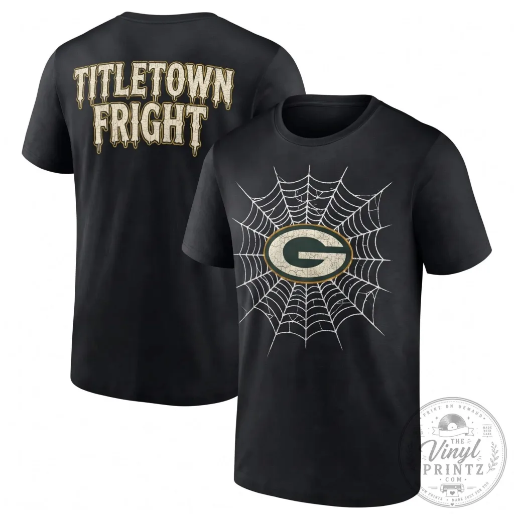 Green Bay Packers Halloween Titletown Fright Spiderweb Black T-Shirt Green Bay Packers Halloween Titletown Fright Spiderweb Black T-Shirt