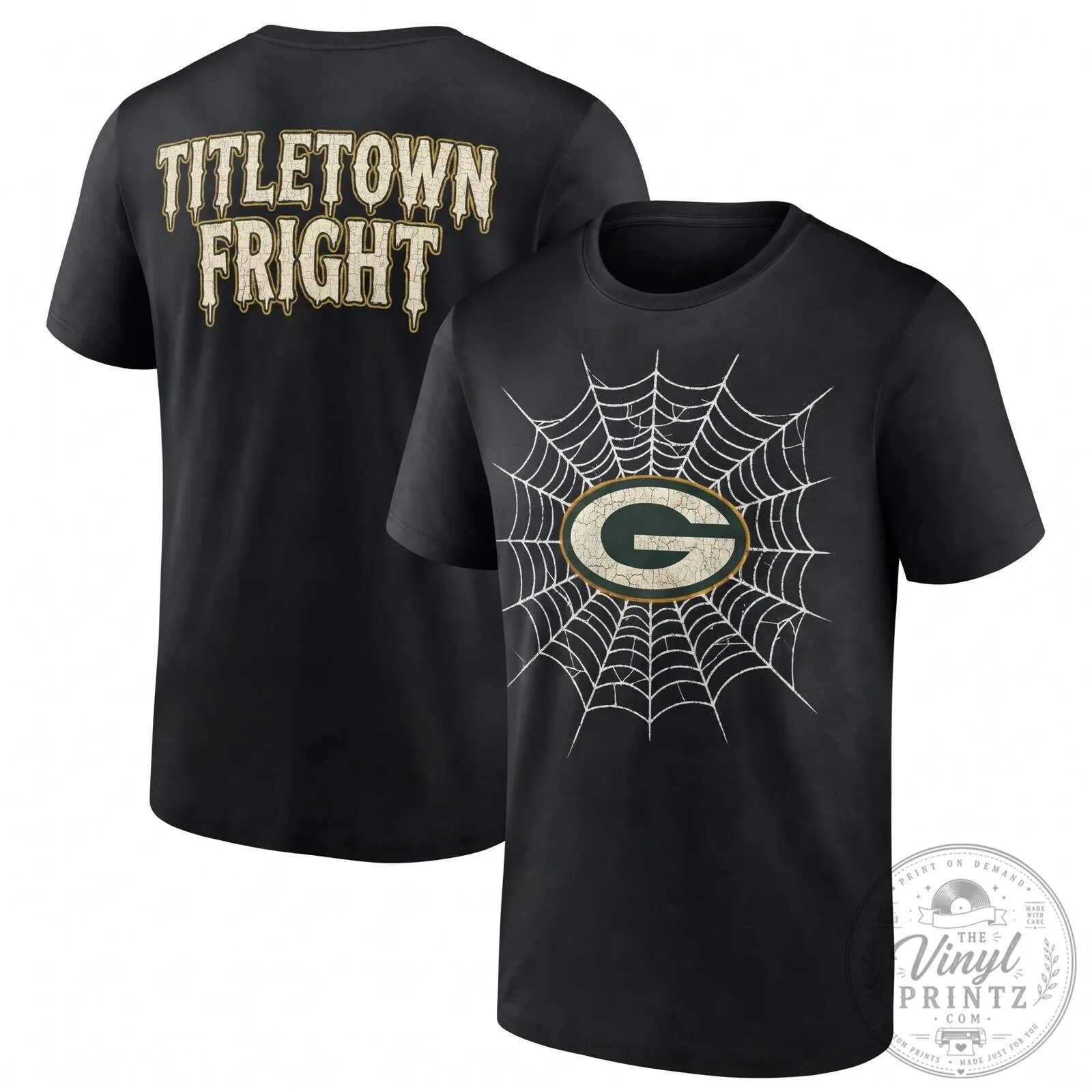 Green Bay Packers Halloween Titletown Fright Spiderweb Black T-Shirt 2 Green Bay Packers Halloween Titletown Fright Spiderweb Black T-Shirt
