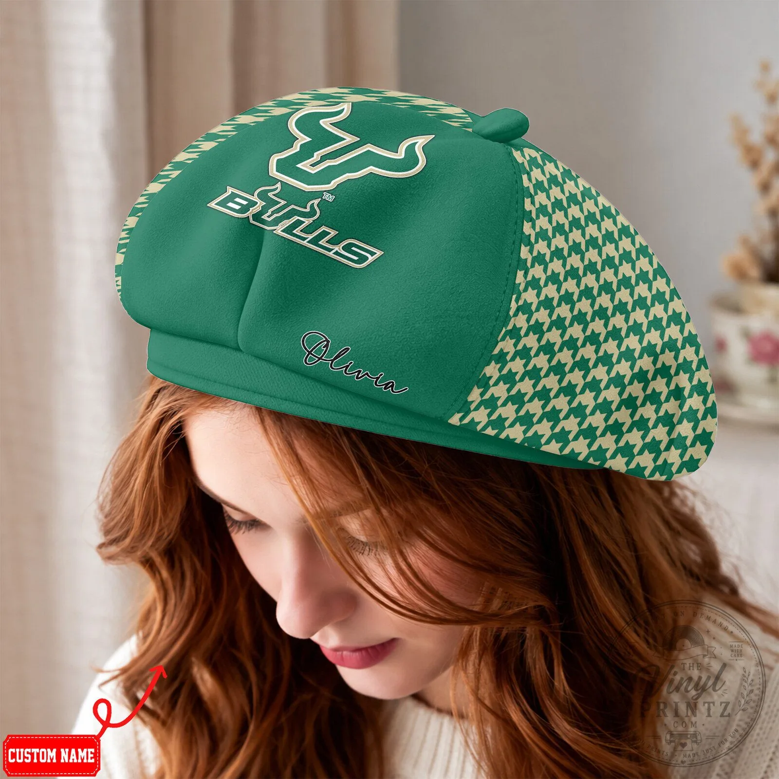 South Florida Bulls NCAA Women's Houndstooth Personalized Beret Cap Hat 2 South Florida Bulls NCAA Women's Houndstooth Personalized Beret Cap Hat