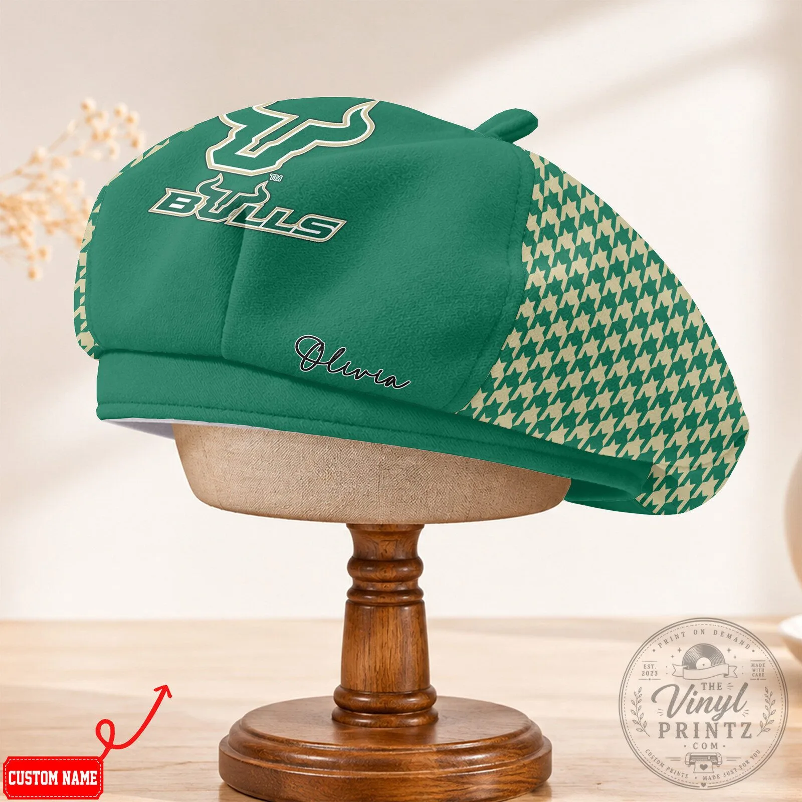 South Florida Bulls NCAA Women's Houndstooth Personalized Beret Cap Hat 11 South Florida Bulls NCAA Women
