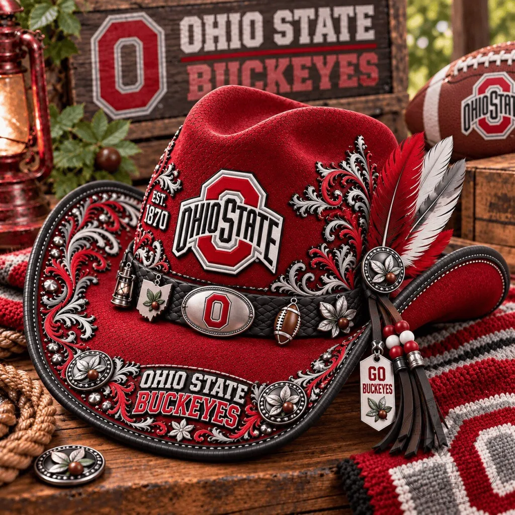 Ohio State Buckeyes Football Team Red Cowboy Hat with Feathers and Charms Ohio State Buckeyes Football Team Red Cowboy Hat with Feathers and Charms