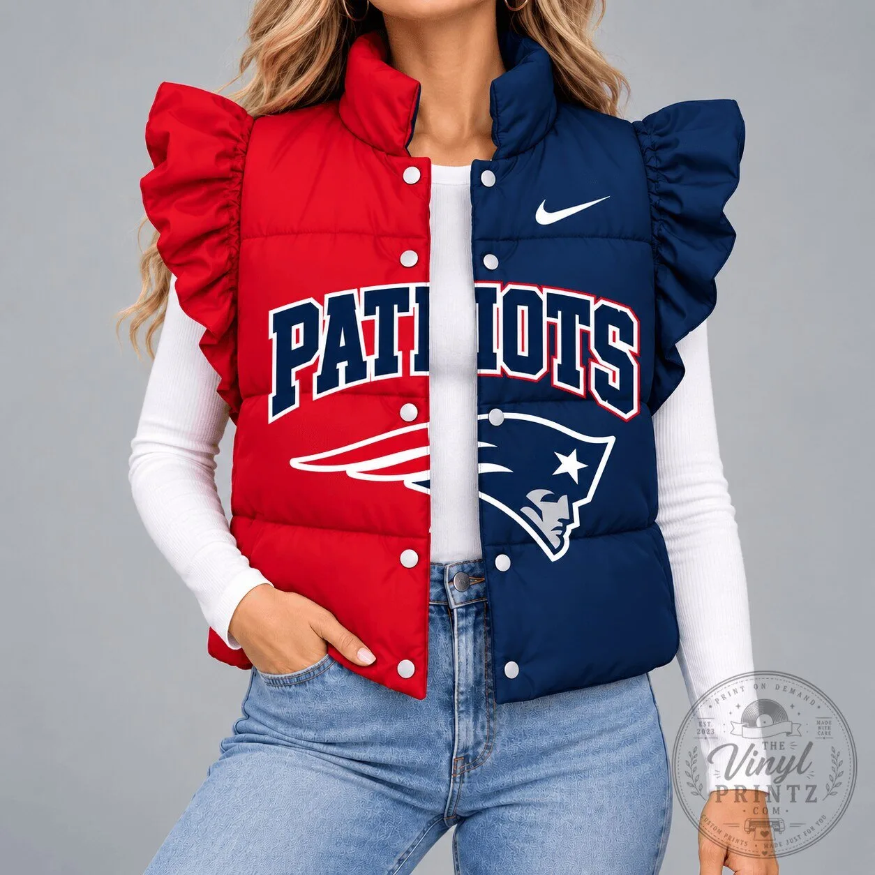 New England Patriots Split Color Ruffled Sleeveless Puffer Jacket