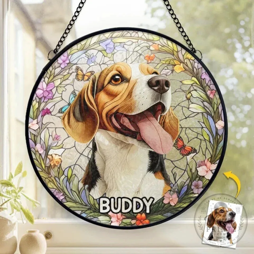 Personalized Beagle Dog Pet Memorial Stained Glass Window Hanging Suncatcher