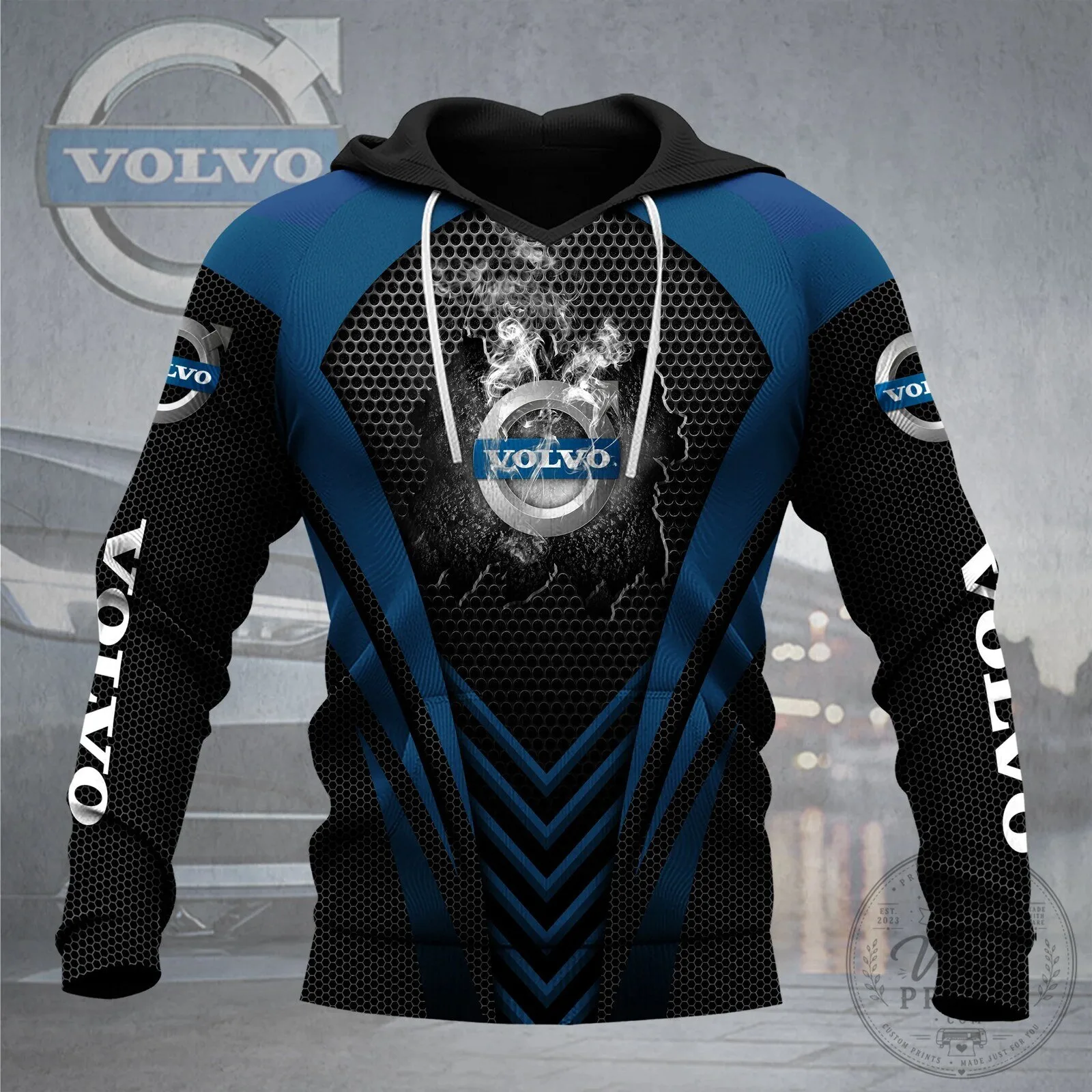 Volvo Car Logo Blue and Black Mesh Pattern Full Print Hoodie