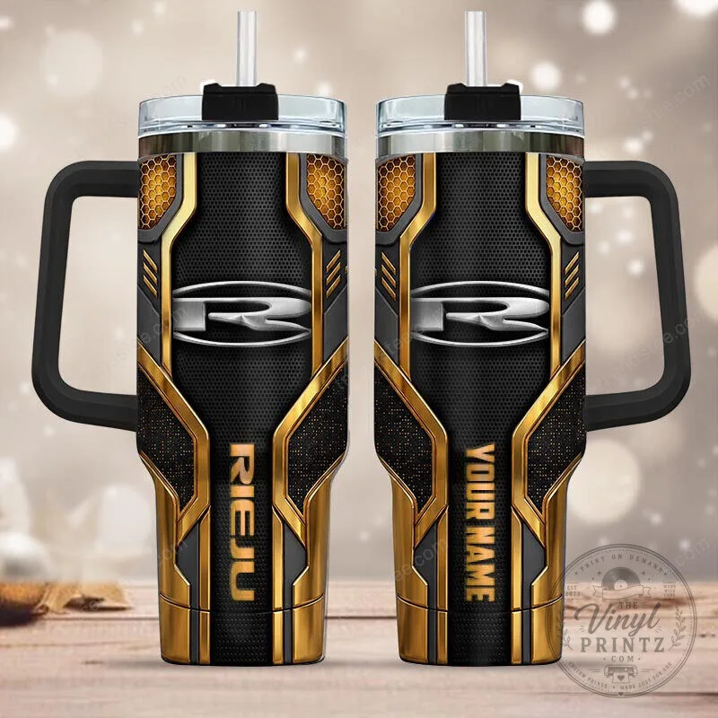 Rieju Motorcycle Racing Gold Pattern Insulated Tumbler with Handle