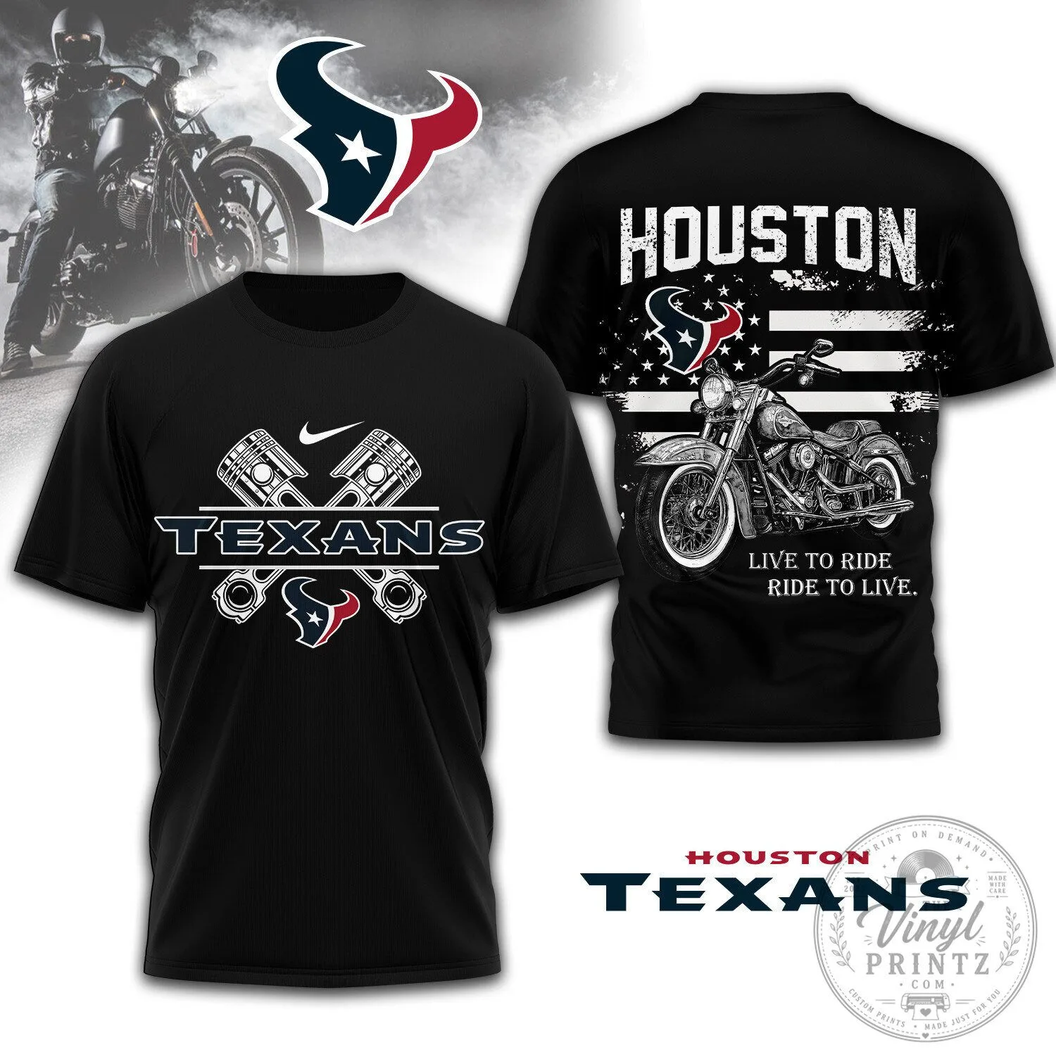 Houston Texans Motorcycle Biker Live To Ride Ride To Live Black T-Shirt