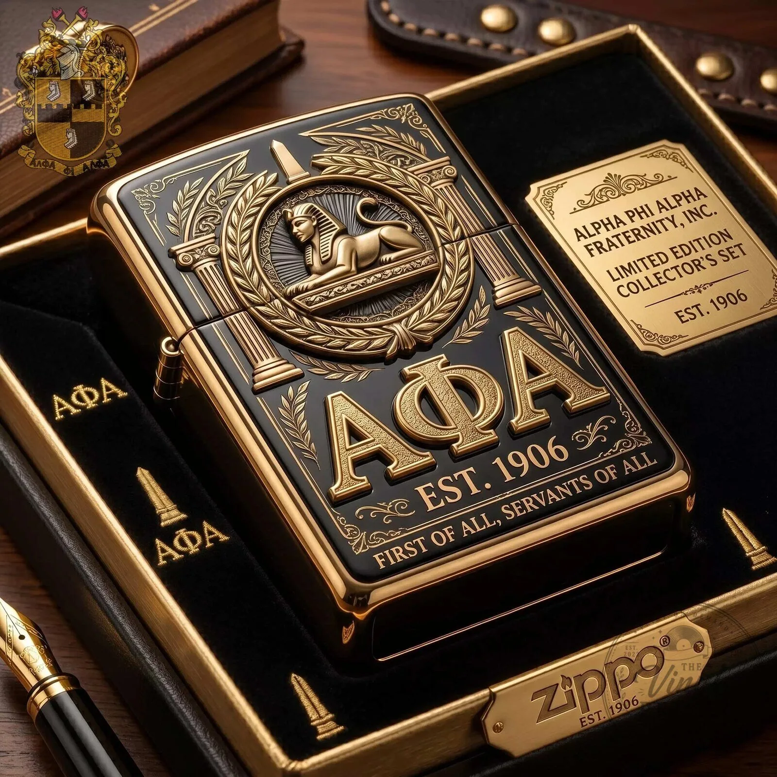 Alpha Phi Alpha Fraternity Sphinx Gold Emblem Zippo Lighter