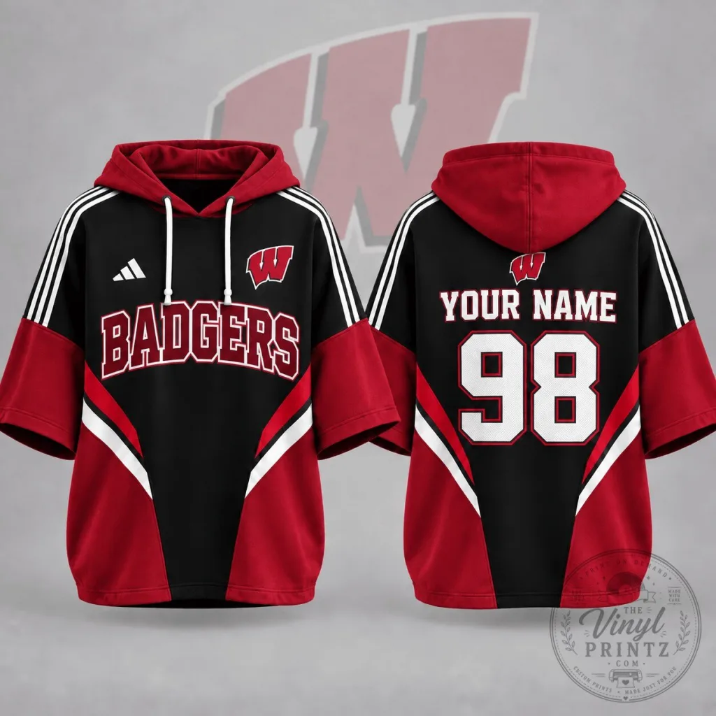 Wisconsin Badgers Personalized Varsity Colorblock Short Sleeve Hoodie Wisconsin Badgers Personalized Varsity Colorblock Short Sleeve Hoodie
