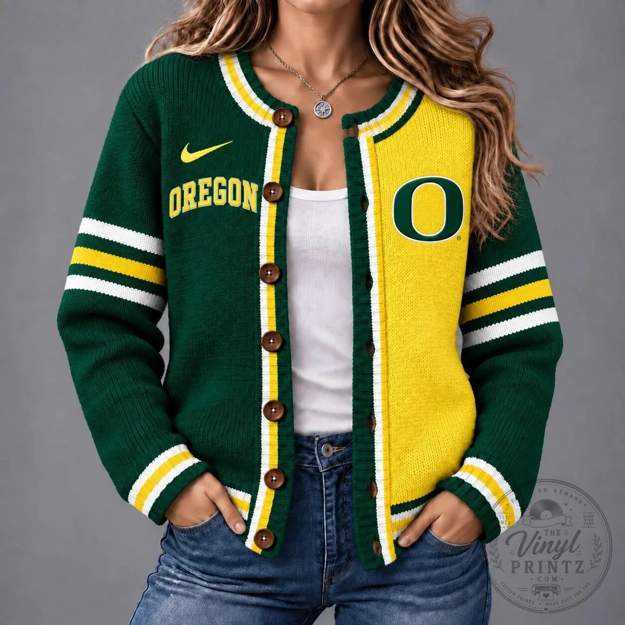 Oregon Ducks NCAA Game Day Green and Yellow Button-Up Cardigan Sweater