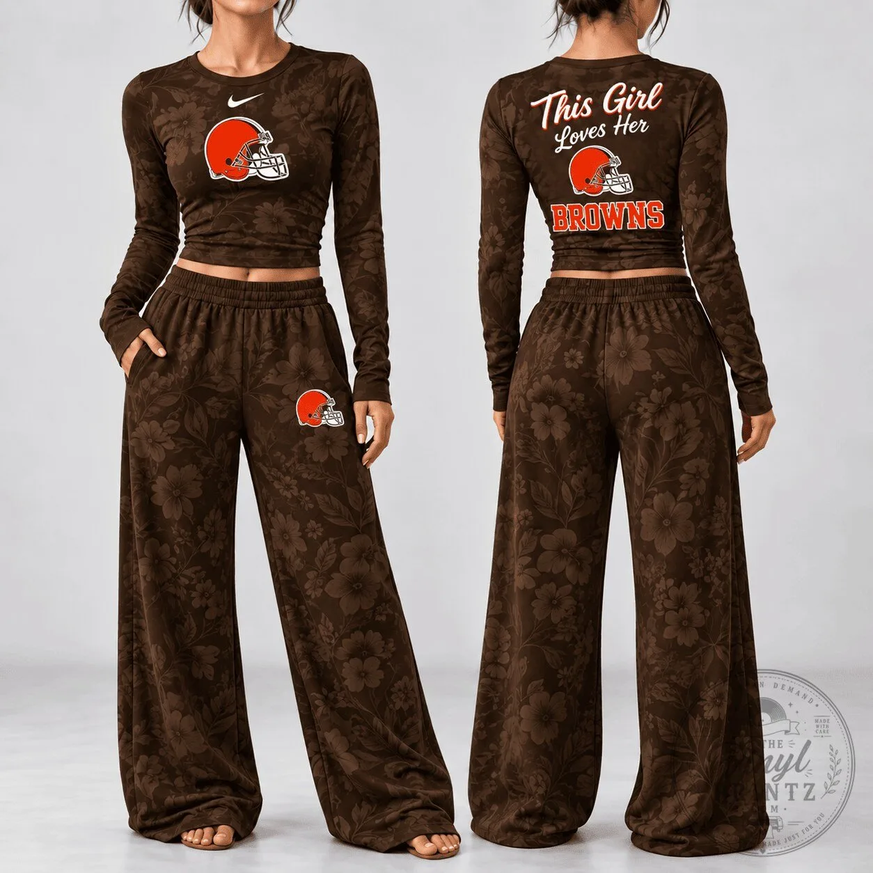 Cleveland Browns Football Team Floral Pattern Women's Long Sleeve Shirt and Pants Set
