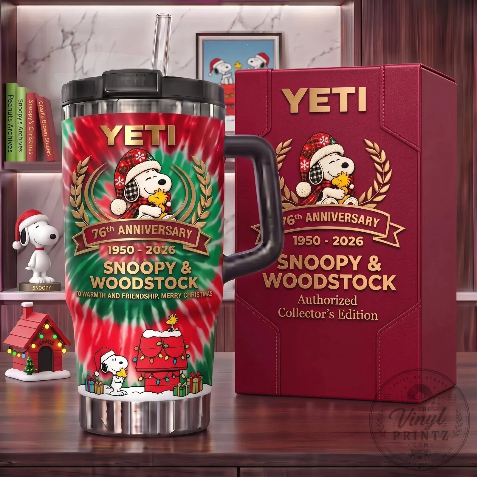 Snoopy and Woodstock 76th Anniversary Christmas Tie-Dye Tumbler with Handle