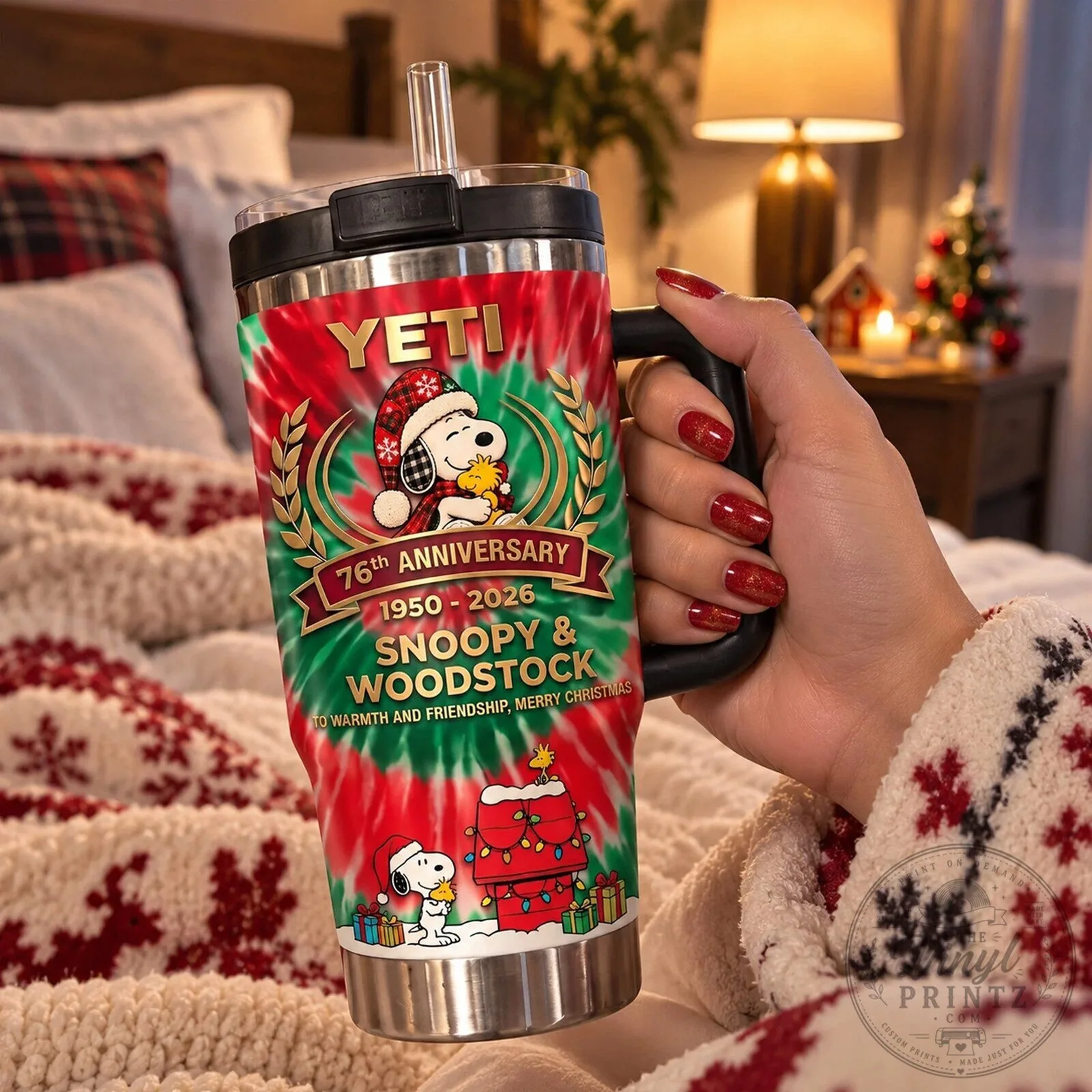 Snoopy and Woodstock 76th Anniversary Christmas Tie-Dye Tumbler with Handle 8 Snoopy and Woodstock 76th Anniversary Christmas Tie-Dye Tumbler with Handle