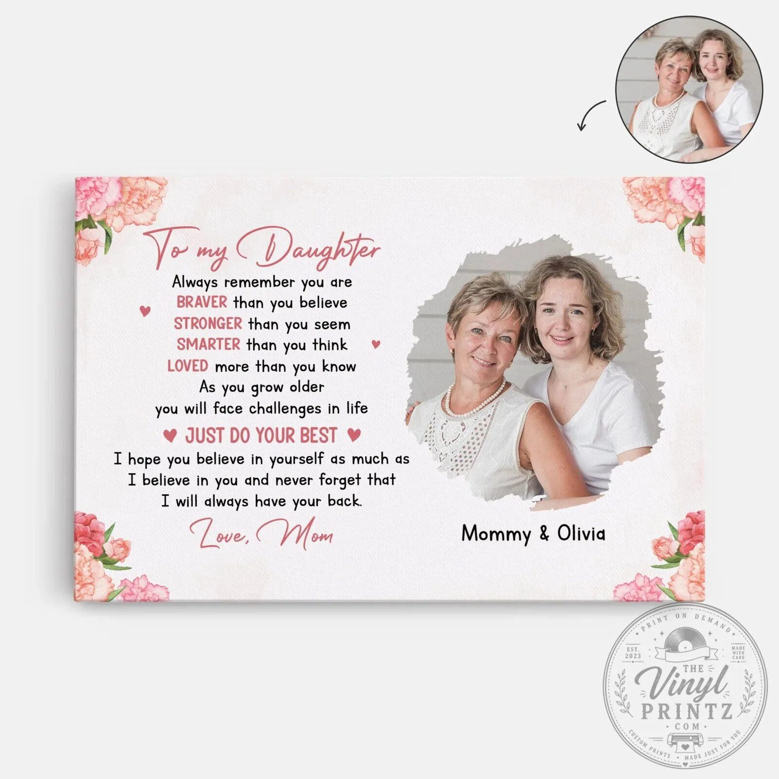 Personalized To My Daughter Braver Stronger Smarter Loved Photo Canvas Wall Art