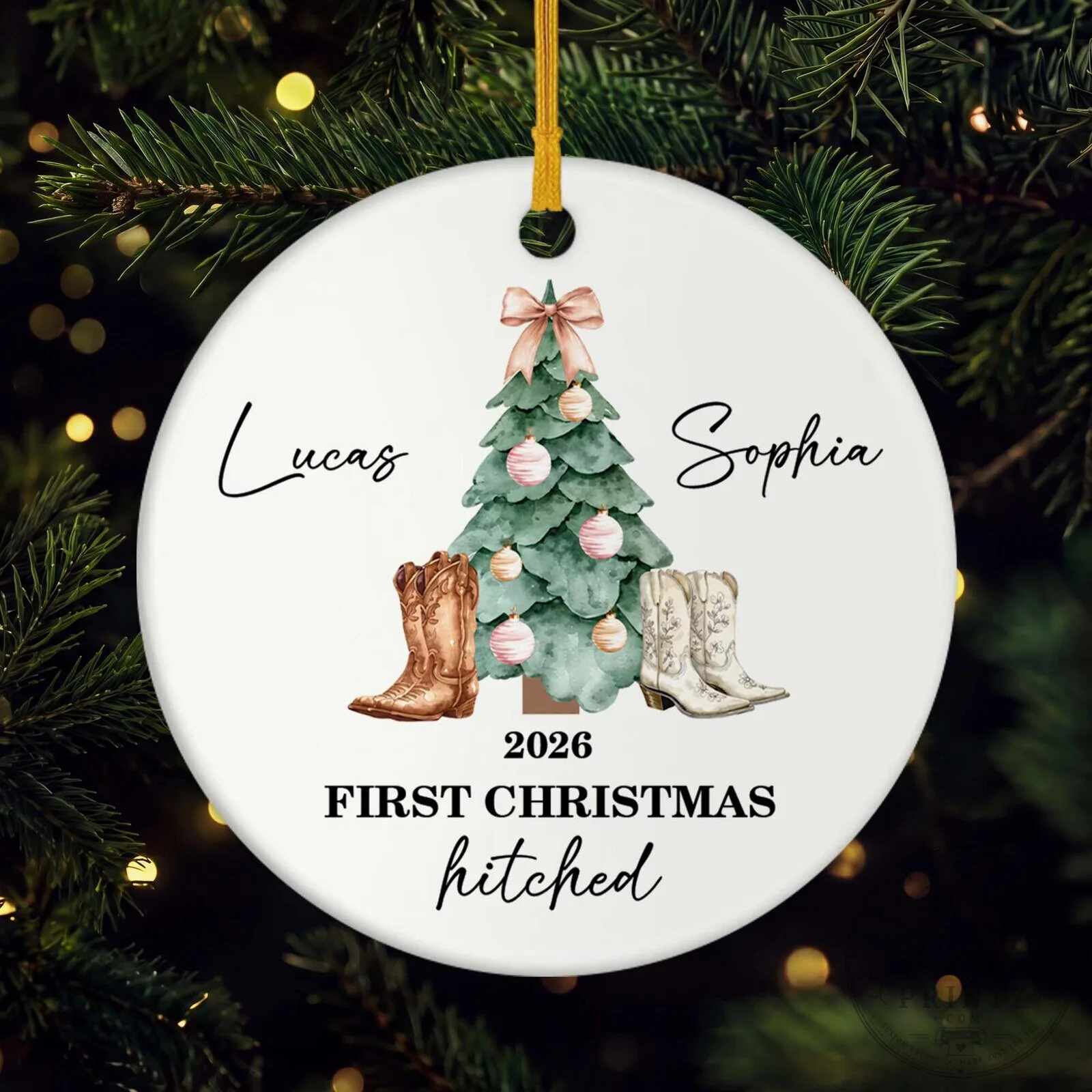 Personalized First Christmas Hitched 2026 Ceramic Ornament with Cowboy Boots 9 Personalized First Christmas Hitched 2026 Ceramic Ornament with Cowboy Boots