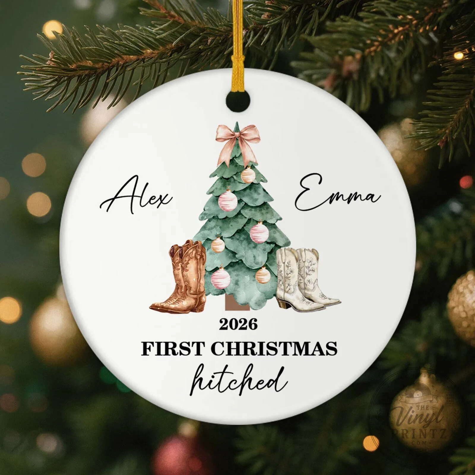 Personalized First Christmas Hitched 2026 Ceramic Ornament with Cowboy Boots 10 Personalized First Christmas Hitched 2026 Ceramic Ornament with Cowboy Boots