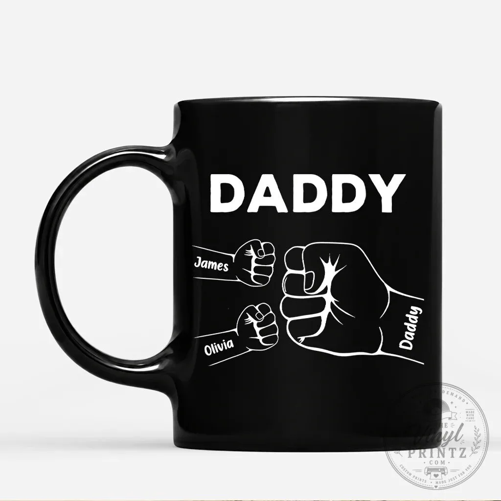 Personalized Daddy Fist Bump Black Coffee Mug with Kids Names 1 Personalized Daddy Fist Bump Black Coffee Mug with Kids Names