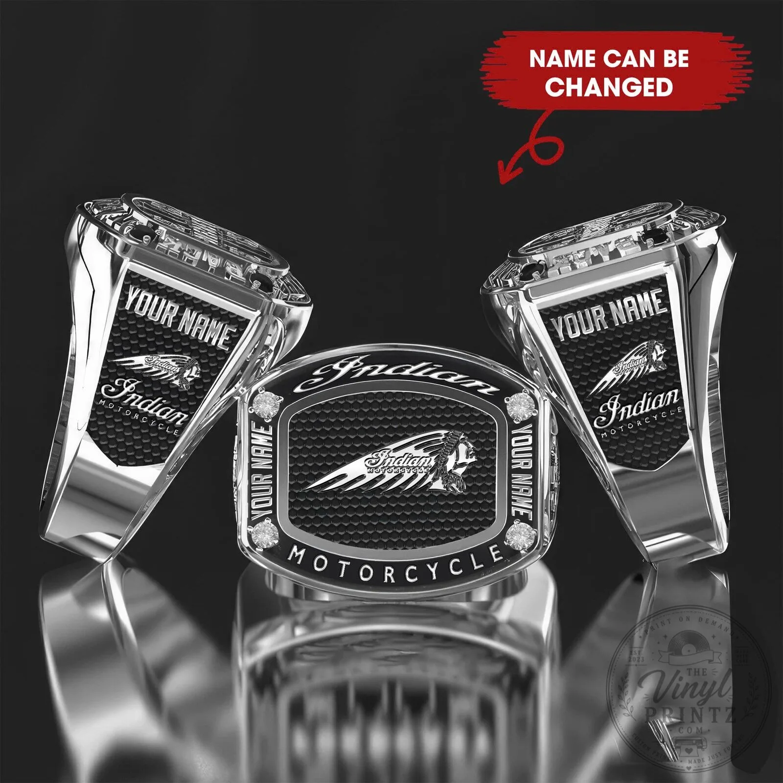 Indian Motorcycle Custom Name Engraved Silver Ring for Men