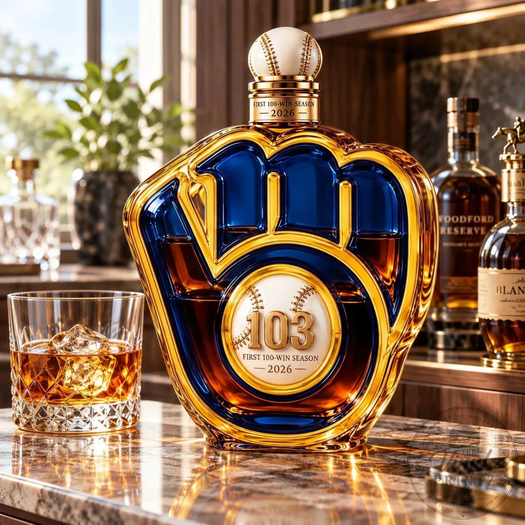 Milwaukee Brewers Baseball Glove Shaped Whiskey Decanter Bottle with Baseball Stopper Milwaukee Brewers Baseball Glove Shaped Whiskey Decanter Bottle with Baseball Stopper