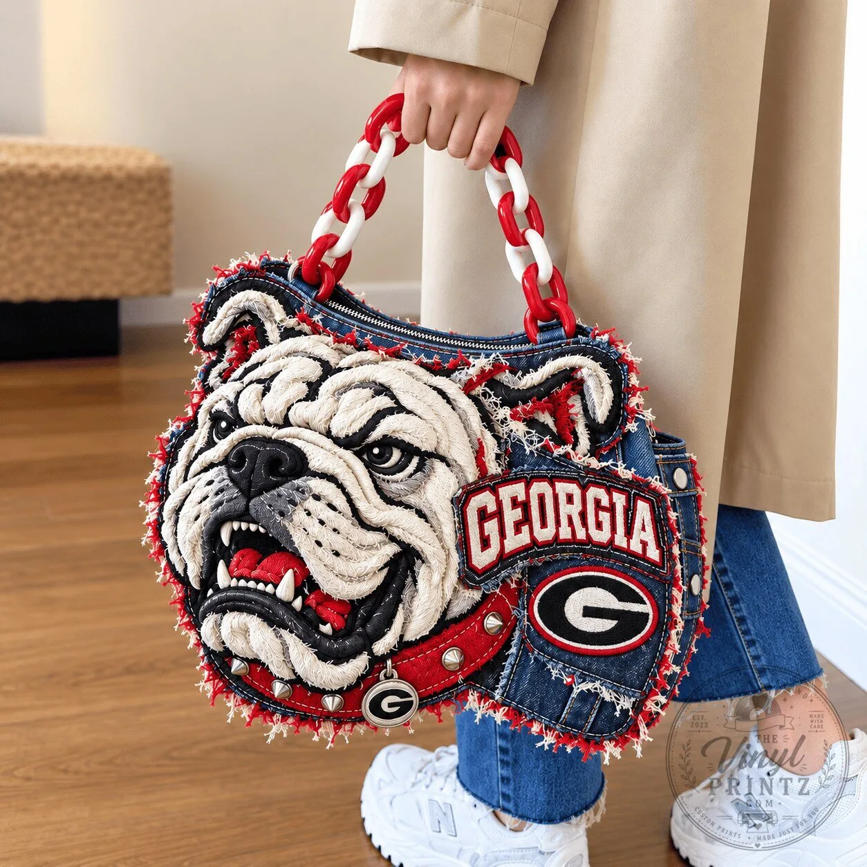 Georgia Bulldogs Embroidered Denim Handbag with Chain Handle