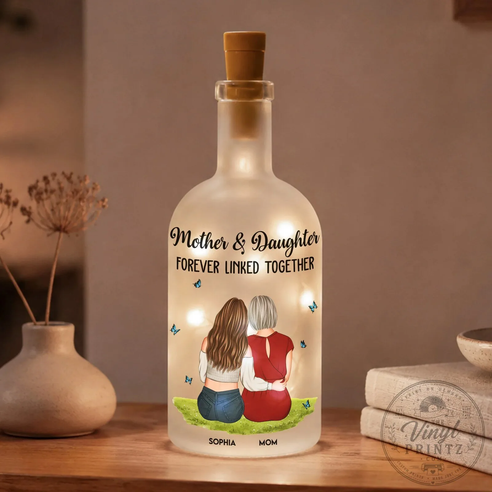 Mother and Daughter Forever Linked Together Personalized Bottle Lamp