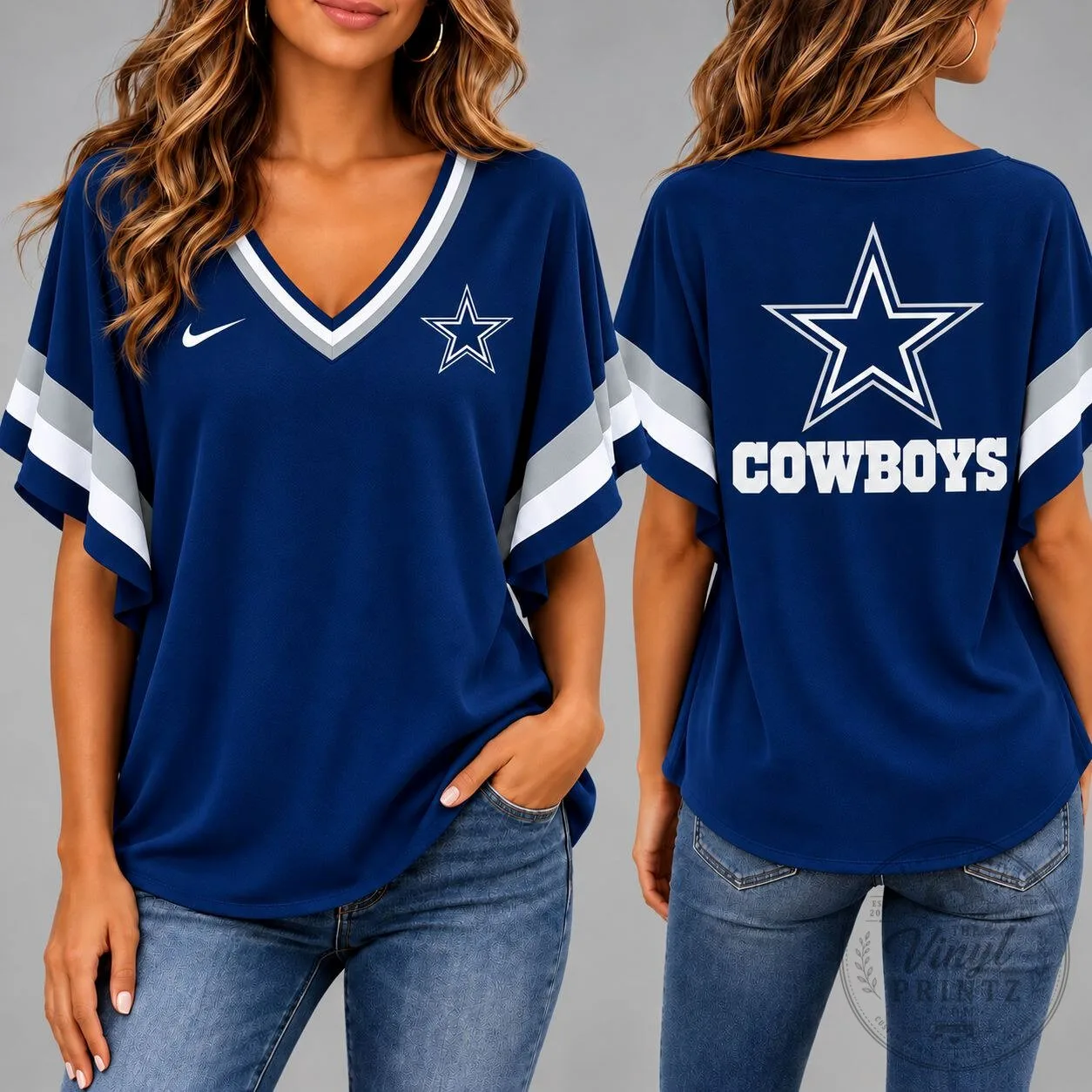Dallas Cowboys Women's Blue Star Logo V-Neck Short Sleeve Football T-Shirt 2 Dallas Cowboys Women's Blue Star Logo V-Neck Short Sleeve Football T-Shirt