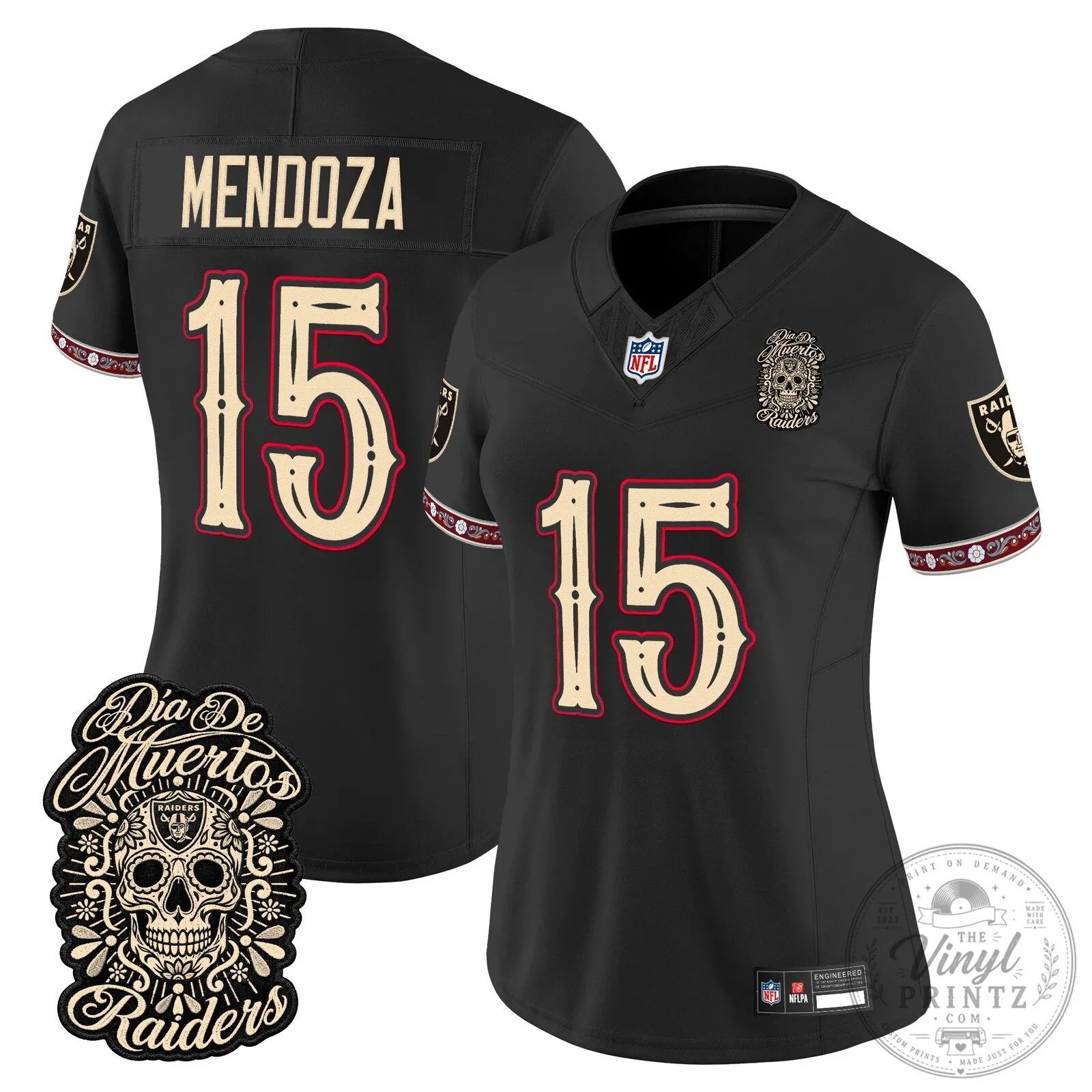 Women’s Mendoza Number 15 Football Jersey - Las Vegas Raiders Day of the Dead Design