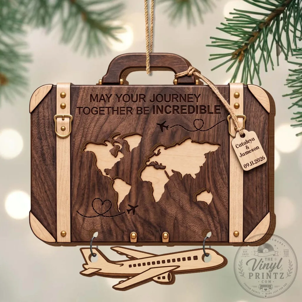 Personalized Wooden Suitcase World Map Couple's Christmas Ornament Personalized Wooden Suitcase World Map Couple's Christmas Ornament