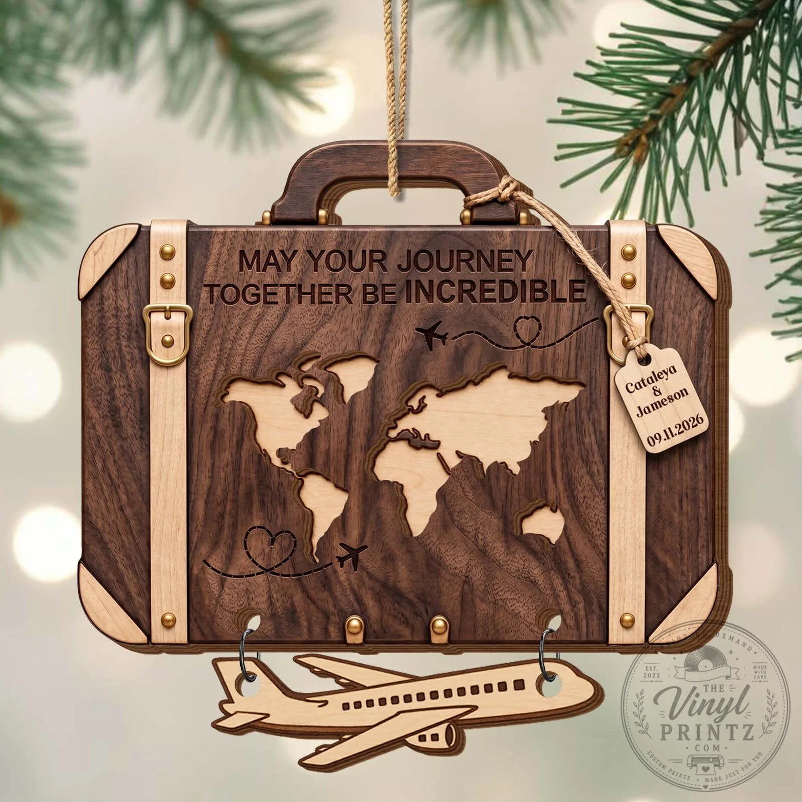 Personalized Wooden Suitcase World Map Couple's Christmas Ornament 12 Personalized Wooden Suitcase World Map Couple