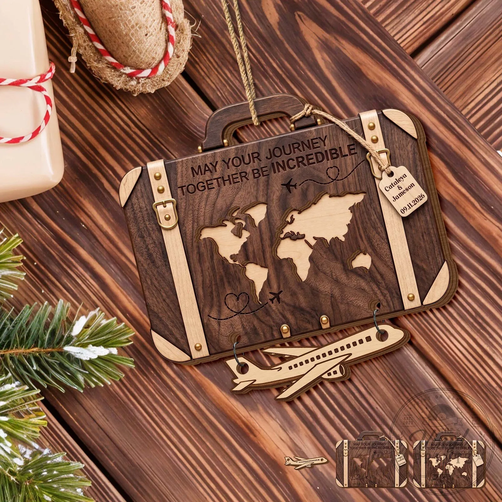 Personalized Wooden Suitcase World Map Couple's Christmas Ornament 13 Personalized Wooden Suitcase World Map Couple