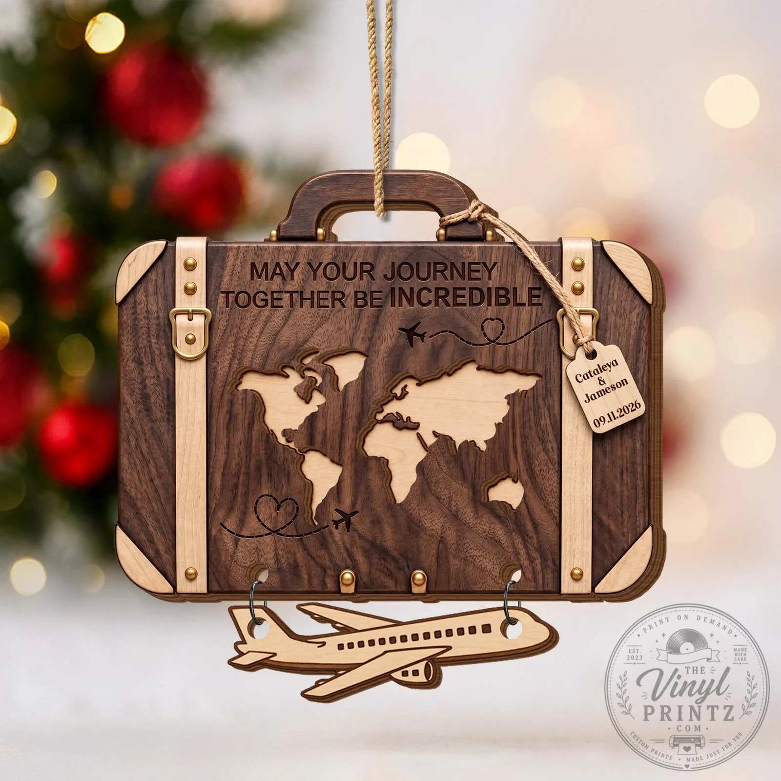 Personalized Wooden Suitcase World Map Couple's Christmas Ornament 14 Personalized Wooden Suitcase World Map Couple
