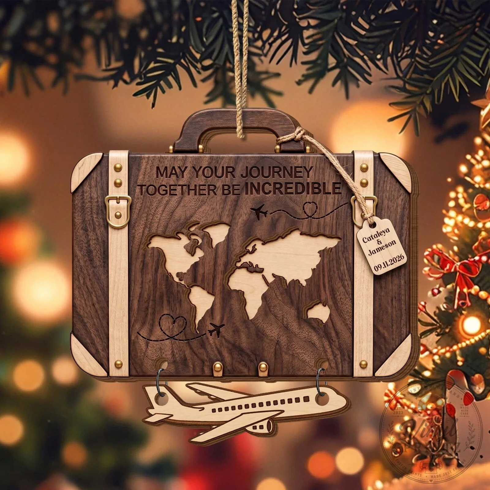 Personalized Wooden Suitcase World Map Couple's Christmas Ornament 15 Personalized Wooden Suitcase World Map Couple
