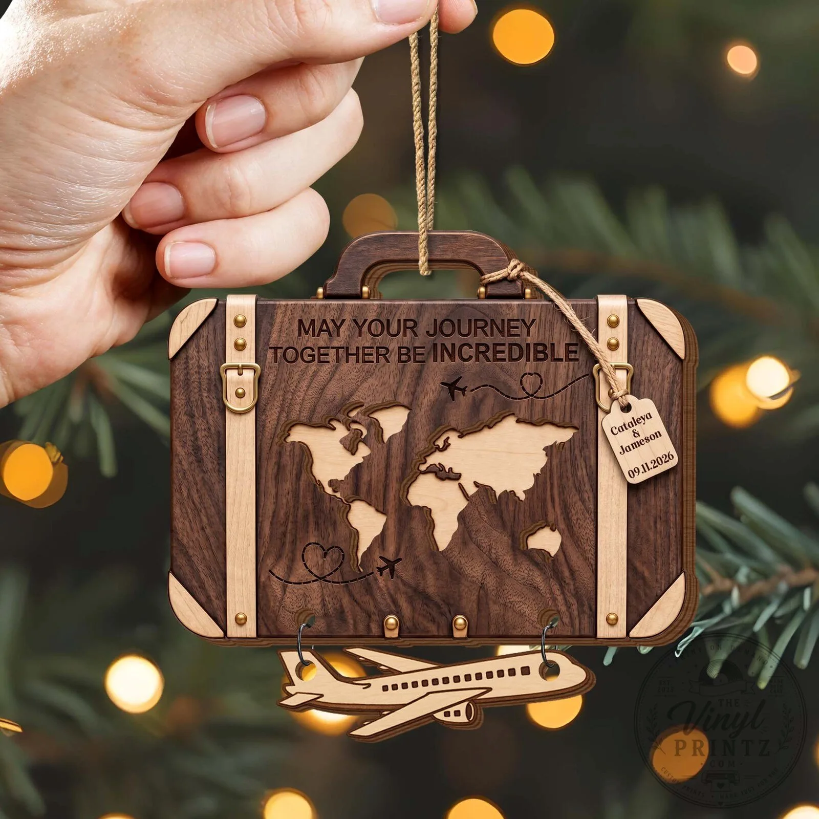 Personalized Wooden Suitcase World Map Couple's Christmas Ornament 16 Personalized Wooden Suitcase World Map Couple
