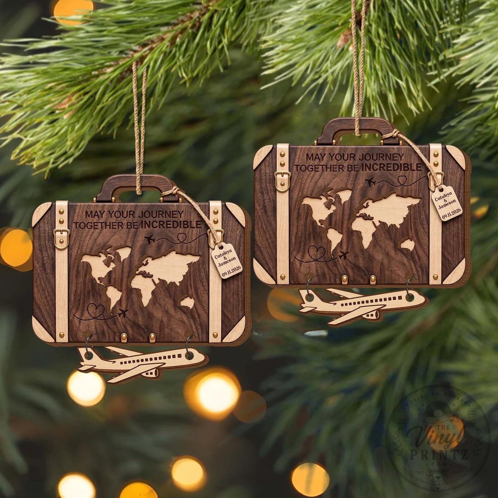 Personalized Wooden Suitcase World Map Couple's Christmas Ornament 17 Personalized Wooden Suitcase World Map Couple