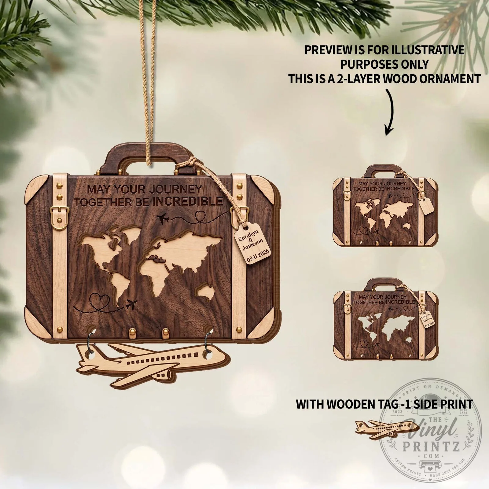 Personalized Wooden Suitcase World Map Couple's Christmas Ornament 19 Personalized Wooden Suitcase World Map Couple