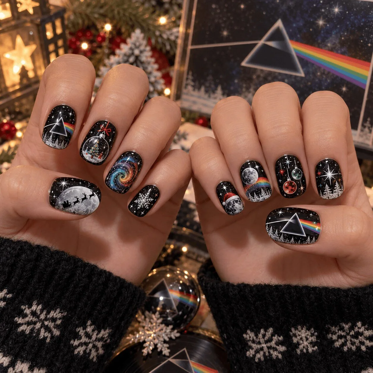 Pink Floyd Dark Side of the Moon Christmas Press-On Nails