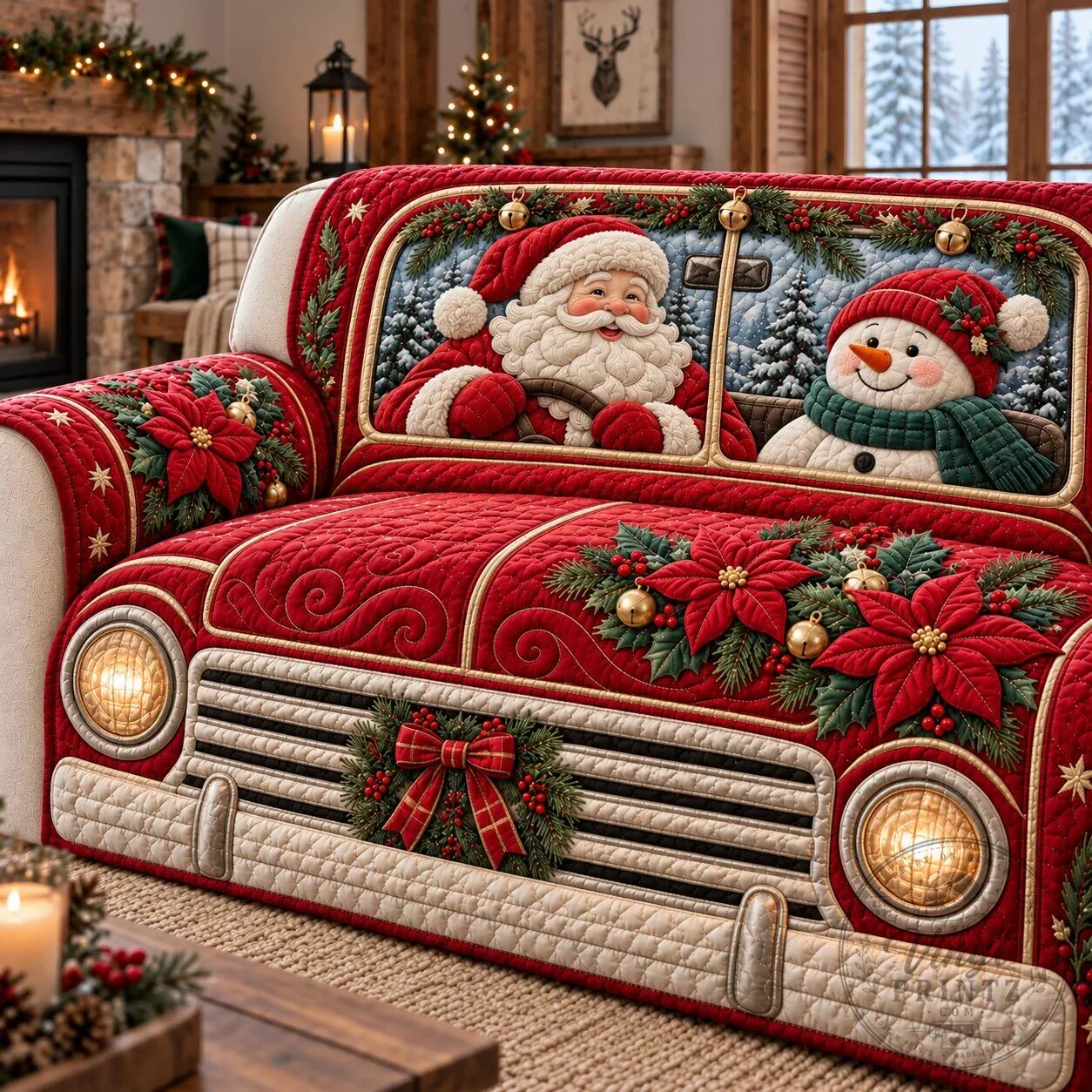 Christmas Santa Claus and Snowman Driving Red Car Quilted Sofa Cover