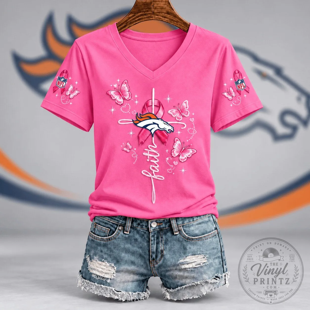 Denver Broncos Faith Hope Love Breast Cancer Awareness Pink V-Neck T-Shirt 2 Denver Broncos Faith Hope Love Breast Cancer Awareness Pink V-Neck T-Shirt